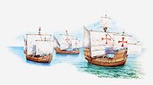 Illustration of Christopher Columbus' ships, the Nina, Pina, and Santa Maria