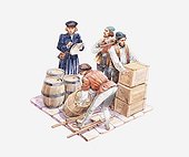 Illustration of 15th century sailors preparing cargo containers