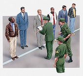 Illustration of Muhammed Ali refusing to step forward as the draft board called out his name to join the US Army to fight in Vietnam