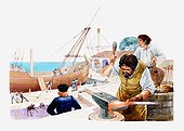Illustration of Christopher Columbus watching as his ship, the Nina, is being refitted in a port, blacksmith in the foreground