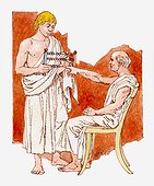 Illustration of ancient Greek teacher and student with abacus