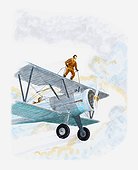 Illustration of wing walker on a biplane