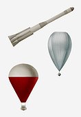 Illustration of a rocket, radiosonde weather balloon, and hot air balloon