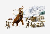 Illustration of Ice Age hunters trying to capture a Mammoth, also showing the use of mammoth skin for shelter, and roasting of mammoth meat