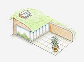 Illustration of modern earth house with glass facade, dormer window on grass roof, and patio