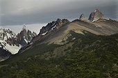 Cerro Torre (3102 metres/10205ft), on the left, with Mte FitzRoy (3405 metres/11202 ft) the summit on the far right, near El Chalten, Parque Nacional Los Glaciares, Patagonia, Argentina.. The Cerro Torre and Mt FitzRoy range in the southern Andes, P [...]