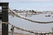 Rockland, Maine, United States of America.. A frayed rope blows in the breeze in front of the Maine harbor.
