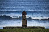 Hanga Roa, Easter Island, Rapa Nui, Chile.. A Moai faces inland at the Tahai Ceremonial Complex.