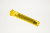 Bend, Oregon, United States of America.. A medical marijuana joint in a yellow plastic tube with THC and CBD amounts printed on the side.