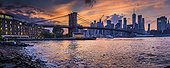 United States, New York City, Brooklyn, East River, Dumbo, Brooklyn Bridge, Brooklyn Bridge Park, View of Lower Manhattan skyline with the One World Trade Center, formerly Freedom Tower, seen from Dumbo
