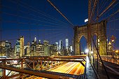 United States, New York City, Brooklyn, East River, Brooklyn Bridge, Walkway, view towards Lower Manhattan and the Freedom Tower