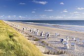 Germany, Schleswig-Holstein, Nordfriesland, North sea, North Frisian Island, Nordfriesischen Inseln, Sylt Island, Strand Westerland near Rantum with typical roofed beach chair.