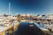 Norway, Nordland, Lofoten Islands, Scandinavia, Henningsvaer, The fishing village of Henningsvaer with the boats in the harbor