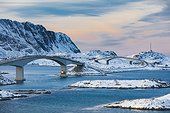 Norway, Nordland, Lofoten Islands, Scandinavia, Flakstadoya, A sequence of bridges between the little islands on a winter afternoon