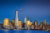 United States, New York City, Manhattan, Lower Manhattan, One World Trade Center, Freedom Tower (arch. SOM), View from New Jersey towards Lower Manhattan at night