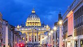 Italy, Latium, Roma district, Vatican City, Rome, St Peter's Basilica, Basilica di San Pietro and its Dome illuminated at night