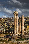 Jordan, Amman, Amman, Roman citadel ruins with city in the background