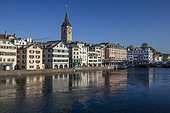 Switzerland, Zürich, Zürich, Limmat River with View towards the Tower of the Church of St Peter