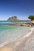Greece, Peloponnese, Monemvasia, Mediterranean sea, Beach with view on Monemvasia