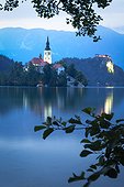 Slovenia, Upper Carniola, Bled, Bled Lake at blue hour