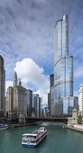United States, Illinois, Chicago, Lake Michigan, Chicago River with View towards Trump International Hotel and Tower and financial buildings