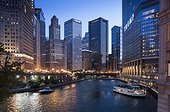 United States, Illinois, Chicago, Chicago River with View towards Trump International Hotel and Tower and financial buildings