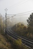 Railroad tracks in fog