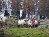Girl walking, sheep in background, Smaland, Sweden