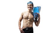 Shirtless muscular man holding swimming gear