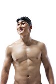Muscular swimmer looking on