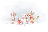 Children building a snowman with a dragon