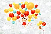 Little girl and puppy flying in the sky with balloons