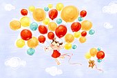 Little girl and puppy flying in the sky with balloons
