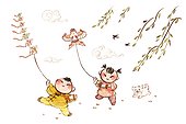 Happy children flying kites in spring