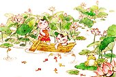 Cute children rowing a boat in lotus pond