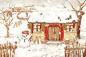 Traditional house and snowman in winter