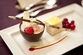 Dessert of Mousse in Chocolate Cup with Lemon Square and Raspberry Garnish