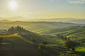 Scenic overview of the Tuscan countryside with farmhouse at sunset at San Quirico d'Orcia in the Val d'Orcia in the Province of Siena, Italy