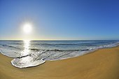 Surf breaking on the shoreline of Ninety Mile Beach at Paradise Beach with the sun shining over the ocean in Victoria, Australia