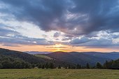 Mountain landscape with sunset over the Vosges Mountains at Le Markstein in Haut-Rhin, France