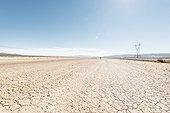 Cracked soil in Nevada desert with power line