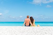 Tourist couple at famous Myrtos beach, Kefalonia, Greek Islands, Greece