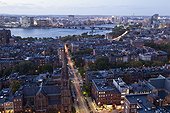 High angle view of Back Bay Boston, Berkeley Street and The Charles River at dusk, Boston, Massachusetts, USA