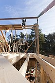 Carpenter nailing a rafter into place