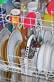 Cleaned dishes, cups and cutleries in a dishwasher