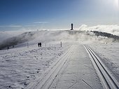 Seebuck summit with Feldberg Tower and two hikers, Black Forest, Germany