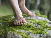 Low section of man hiking barefoot in Middle Black Forest Baden-Württemberg, Germany