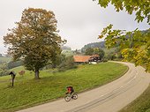 Man riding racing bicycle on cycling tour in the Southern Black Forest, Germany
