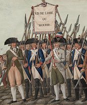 Roger-Viollet | 124585 | Jean-Baptiste Lesueur (1749-1826). French wish : live free or die, banner carried for civic processions - Meeting between a swordsman and a seal breaker. Gouache on cardboard. Paris, musée Carnavalet. | © Musée Carnavalet / Roger-Viollet