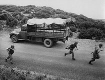 Roger-Viollet | 162838 | Algerian War of Independence. Cherchell Infantry Military School. Military cadets being trained how to react during an ambush. Algeria, October 1960. | © Jean-Pierre Laffont / Roger-Viollet